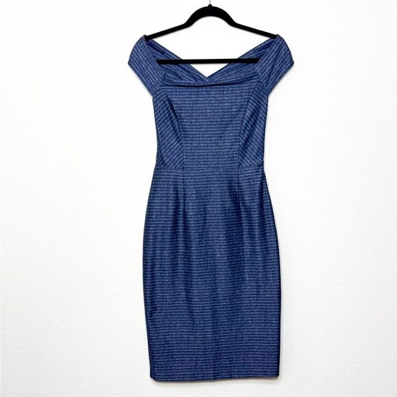 Antonio Melani Women's Blue Striped Off-Shoulder Bodycon Sheath Dress Size 2 - Picture 1 of 9